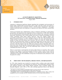 ACCOUNTABILITY in ARGENTINA 20 Years Later, Transitional Justice Maintains Momentum August 20051