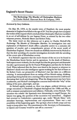 England's Secret Theater the Reckoning: the Murder of Christopher Marlowe by Charles Nichou. Harcourt Brace & Company, 1993