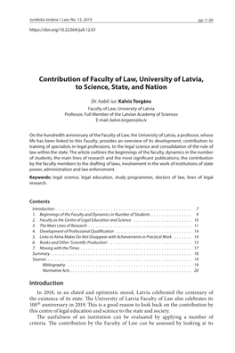 Contribution of Faculty of Law, University of Latvia, to Science, State, and Nation Kalvis Torgāns