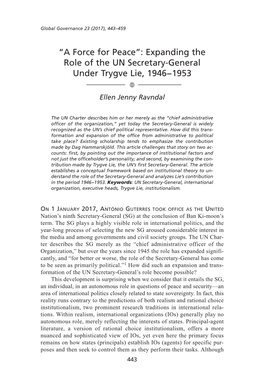 “A Force for Peace”: Expanding the Role of the UN Secretary-General Under Trygve Lie, 1946−1953 � Ellen Jenny Ravndal