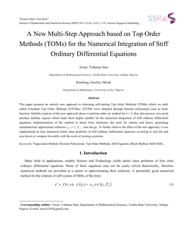A New Multi-Step Approach Based on Top Order Methods (Toms) for the Numerical Integration of Stiff Ordinary Differential Equations