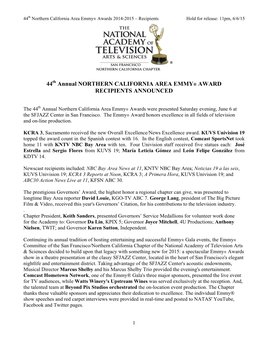 44 Annual NORTHERN CALIFORNIA AREA EMMY® AWARD RECIPIENTS ANNOUNCED