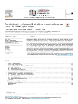 Emerging Frontiers in Human Milk Microbiome Research and Suggested Primers for 16S Rrna Gene Analysis ⇑ Lilian Lopez Leyva A, Nicholas J.B