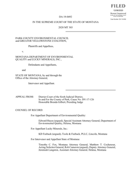 DA 19-0492 in the SUPREME COURT of the STATE of MONTANA 2020 MT 303 PARK COUNTY ENVIRONMENTAL COUNCIL and GREATER YELLOWSTONE CO