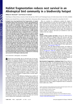 Habitat Fragmentation Reduces Nest Survival in an Afrotropical Bird Community in a Biodiversity Hotspot