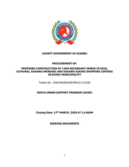 County Government of Kiambu Procurement Of: Proposed Construction of 12Km Secondary Sewer in Kiuu, Githurai, Kahawa Wendani