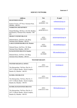 Annexure 1 SERVICE NETWORK Address Tel. E-Mail