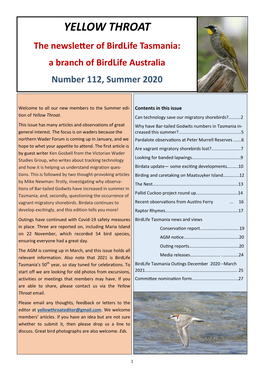 YELLOW THROAT the Newsletter of Birdlife Tasmania: a Branch of Birdlife Australia Number 112, Summer 2020