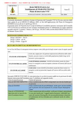 BALCHEM ITALIA Srl Stabilimento Di MARANO TICINO Piano Di Intervento