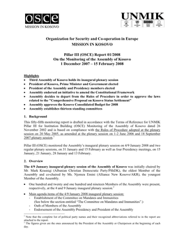 (OSCE) Report 01/2008 on the Monitoring of the Assembly of Kosovo 1 December 2007 – 15 February 2008