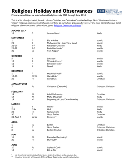 Religious Holiday and Observances Primary Sacred Times for Selected World Religions, July 2017 Through June 2018