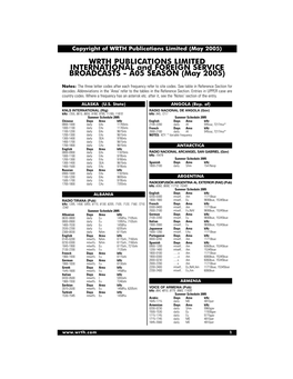 WRTH Publications Limited (May 2005) WRTH PUBLICATIONS LIMITED INTERNATIONAL and FOREIGN SERVICE BROADCASTS - A05 SEASON (May 2005)