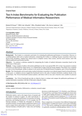 Two H-Index Benchmarks for Evaluating the Publication Performance of Medical Informatics Researchers