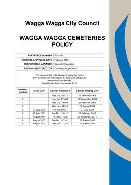 Wagga Wagga City Council WAGGA WAGGA CEMETERIES POLICY