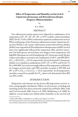 Effect of Temperature and Humidity on Survival of Coptotermes Formosanus and Reticulitermes Flavipes (Isoptera: Rhinotermitidae) by B