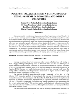 Postnuptial Agreement: a Comparison of Legal Systems in Indonesia and Other Countries