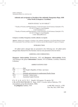 Addenda and Corrigenda to Checklist of the Subfamily Panagaeinae Hope, 1838 of the World (Coleoptera: Carabidae)