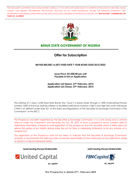 BENUE STATE GOVERNMENT of NIGERIA Offer for Subscription