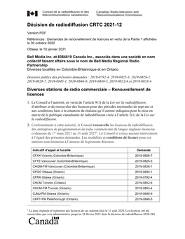 Version PDF Références : Demandes De Renouvellement De Licences En Vertu De La Partie 1 Affichées Le 30 Octobre 2020 Ottawa, Le 18 Janvier 2021