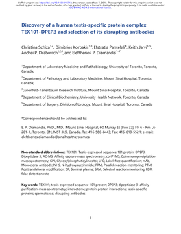 Discovery of a Human Testis-Specific Protein Complex TEX101-DPEP3 and Selection of Its Disrupting Antibodies