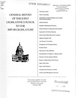 General Report of the Joint Legislative Council to the 2007-08 Legislature Is Prepared Pursuant to S