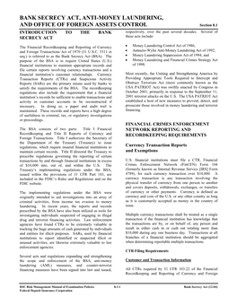 BANK SECRECY ACT, ANTI-MONEY LAUNDERING, and OFFICE of FOREIGN ASSETS CONTROL Section 8.1 INTRODUCTION to the BANK Respectively, Over the Past Several Decades