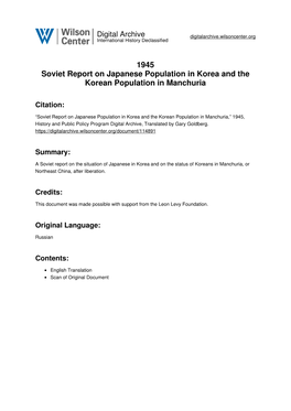 1945 Soviet Report on Japanese Population in Korea and the Korean Population in Manchuria