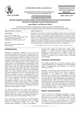 RESEARCH ARTICLE SPECIES DIVERSITY of BUTTERFLY with THEIR RELATIVE STATUS in SOUTHEAST REGION of NARMADA VALLEY JABALPUR (M.P.) Arjun Shukla1* and Haninder Maini2