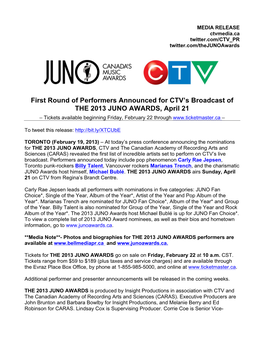 First Round of Performers Announced for CTV's Broadcast of the 2013