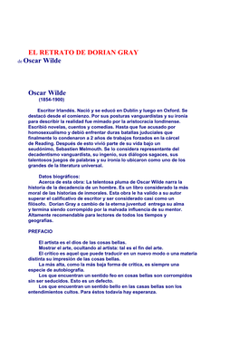 EL RETRATO DE DORIAN GRAY De Oscar Wilde Oscar Wilde