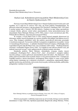 Radium Lady. Kalendarium Pierwszej Podróży Marii Skłodowskiej-Curie Do Stanów Zjednoczonych, 1921