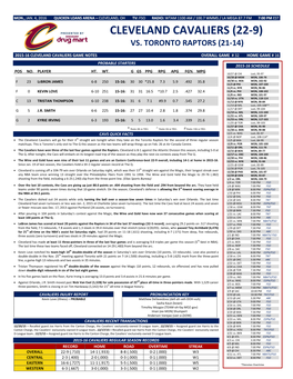 Cleveland Cavaliers (22-9) Vs