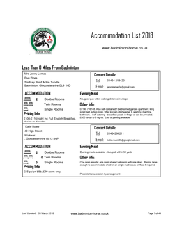 Accommodation List 2018