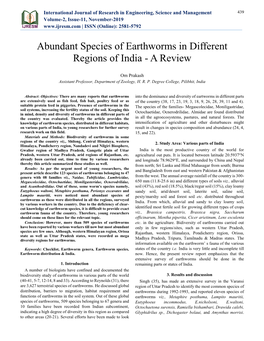 Abundant Species of Earthworms in Different Regions of India - a Review