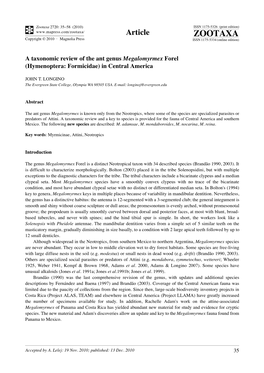 A Taxonomic Review of the Ant Genus Megalomyrmex Forel (Hymenoptera: Formicidae) in Central America