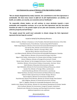 Joint Statement by a Group of Ministers of the High Ambition Coalition 1 June 2017