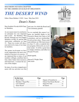 May/June 2018 Southern Nevada Chapter Dean’S Notes American Guild of Organists
