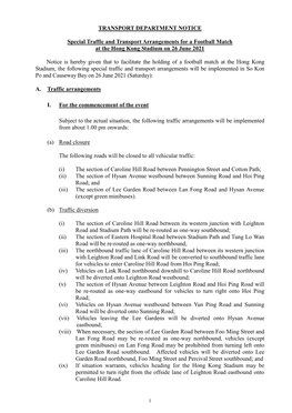 Special Traffic and Transport Arrangements for a Football Match at the Hong Kong Stadium on 26 June 2021