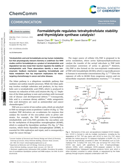 Formaldehyde Regulates Tetrahydrofolate Stability and Thymidylate Synthase Catalysis† Cite This: Chem