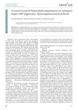 A Second Record of Phaeocollybia Megalospora Var. Tetraspora Singer, 1987 (Agaricales: Hymenogastraceae) from Brazil Istributio