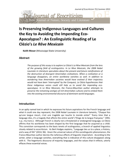 Is Preserving Indigenous Languages and Cultures the Key to Avoiding the Impending Eco- Apocalypse? : an Ecolinguistic Reading of Le Clézio’S Le Rêve Mexicain