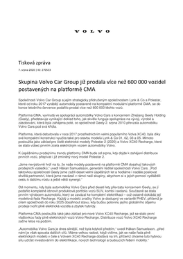 Skupina Volvo Car Group Již Prodala Více Než 600 000 Vozidel Postavených Na Platformě CMA
