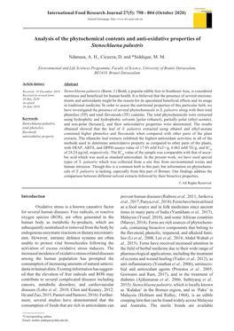 Analysis of the Phytochemical Contents and Anti-Oxidative Properties of Stenochlaena Palustris