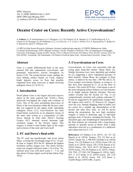 Occator Crater on Ceres: Recently Active Cryovolcanism?