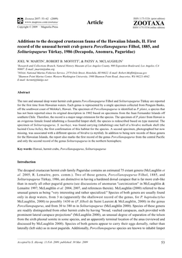 Zootaxa, Additions to the Decapod Crustacean Fauna of the Hawaiian Islands, II. First