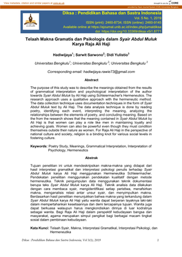 Pendidikan Bahasa Dan Sastra Indonesia Telaah Makna Gramatis Dan Psikologis Dalam Syair Abdul Muluk Karya Raja Ali Haji