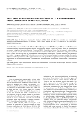 Small Early Miocene Listriodont Suid (Artiodactyla: Mammalia) from Sabuncubeli (Manisa, Sw Anatolia), Turkey