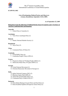 List of Participating Political Parties and Observers (Astana, Kazakhstan, September 24-26, 2009)