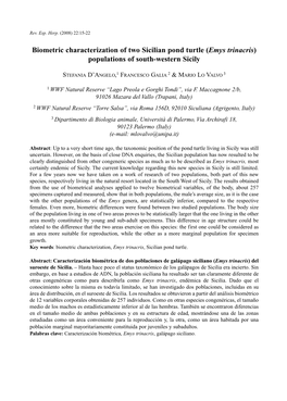 Biometric Characterization of Two Sicilian Pond Turtle (Emys Trinacris) Populations of South-Western Sicily