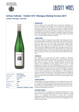 Schloss Vollrads, `Volratz 1573` Rheingau Riesling Trocken 2017 Vollrads, Rheingau, Germany